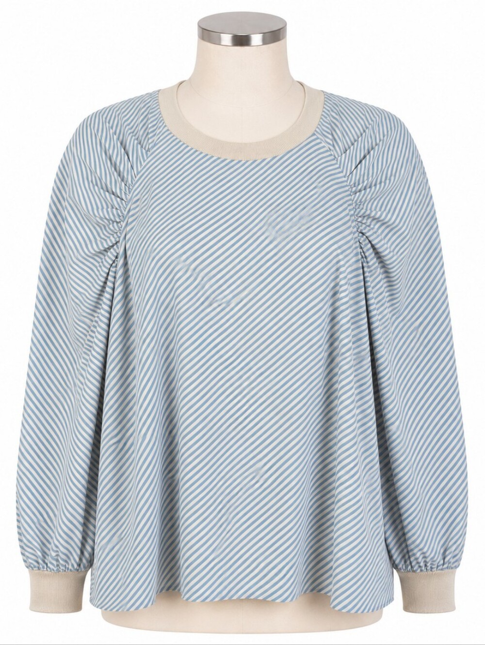 Tish Cox Puff Sleeve Mia Blouse Striped Blue White Cream Trim Sz XS Crew Neck